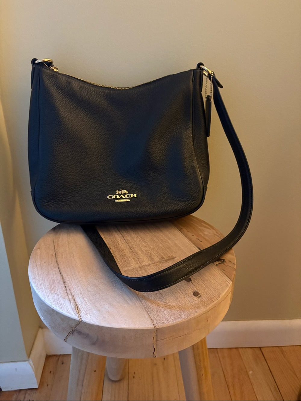 Coach Black Pebbled Leather Crossbody Shoulder Bag with Gold Logo